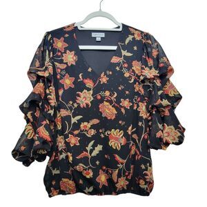 Sam and Jess Black Floral V-Neck Shiny Detailed 3/4 Sleeve Blouse Small